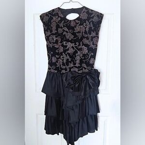 Vintage 1980s velvet satin cocktail dress LBD asymmetrical hem ruffle bow S